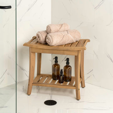 Tucker 22.1" Traditional Classic Slatted Solid Acacia Wood Indoor/Outdoor Shower Bench with Shelf and Handle